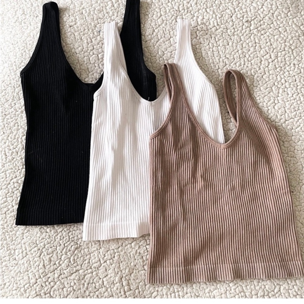 Aura Ribbed Tank Top Trio - Black, Orange, and tan / beige